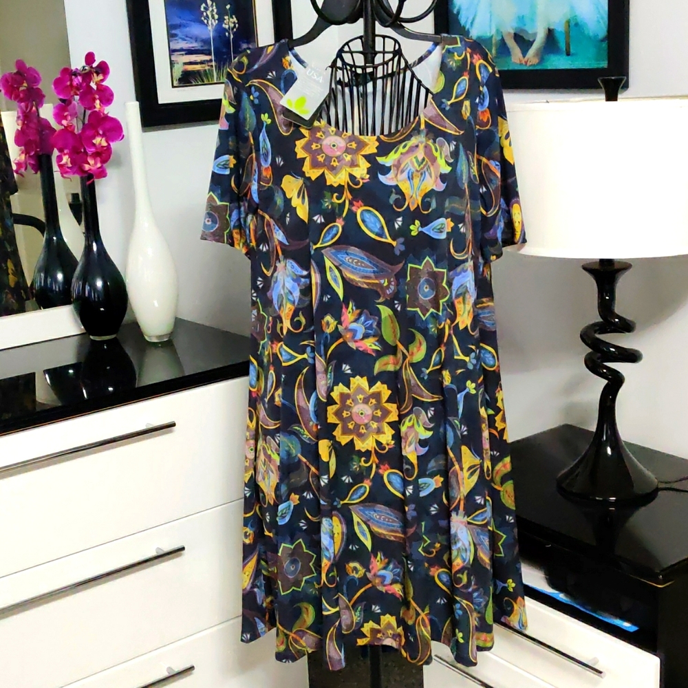 NWT LBISSE XL grey with pattern midi swing dress